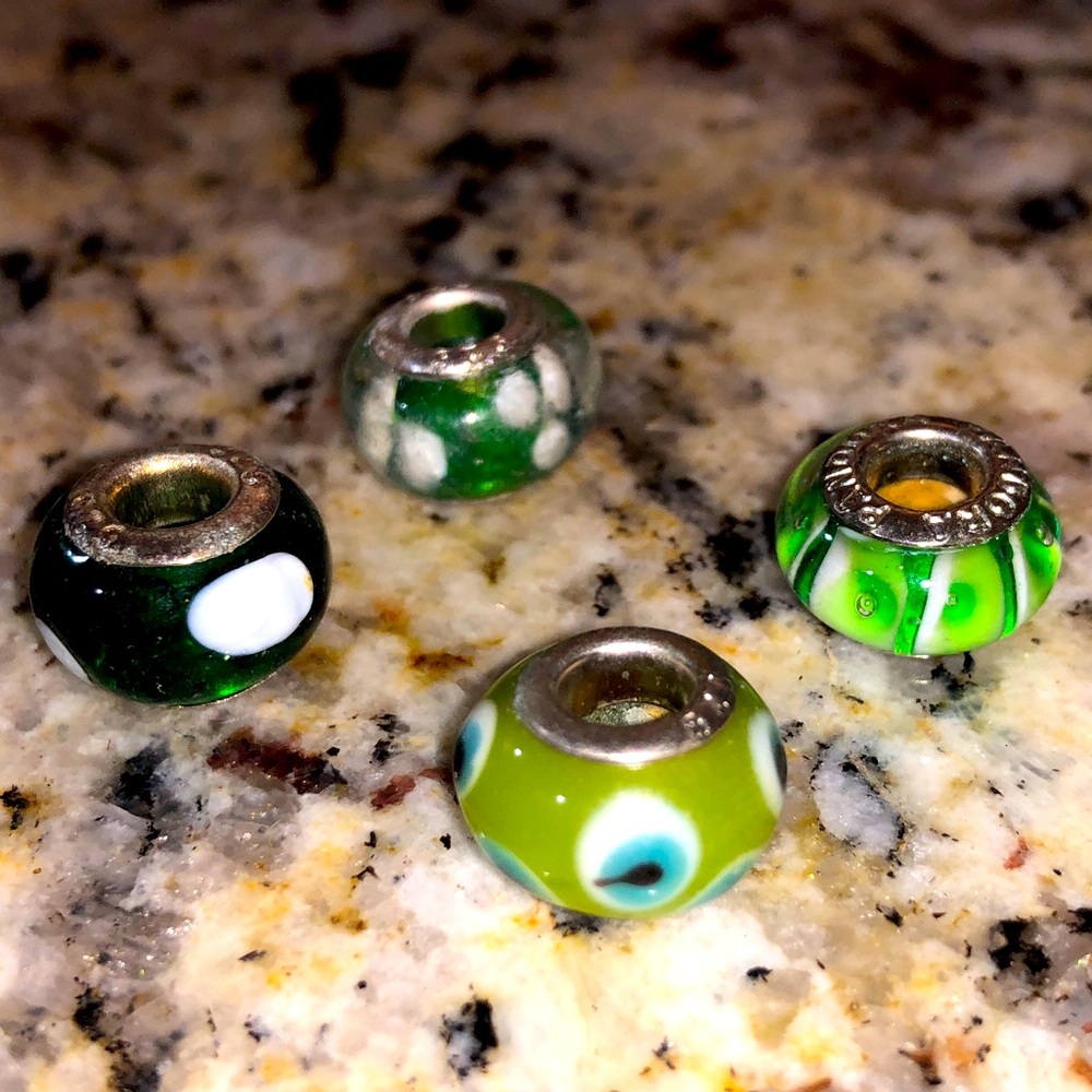 Green .925 Silver Murano Glass Charm Beads Pandora Compatible Bundle Lot